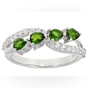 Genuine Chrome Diopside & White Zircon Ring Rhodium over Sterling Silver Sz 8!